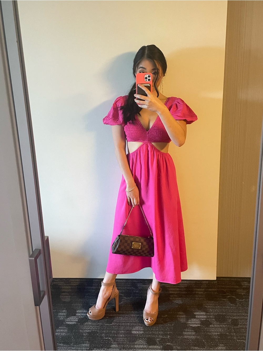 Pink Cutout Midi Dress with Puff Sleeves